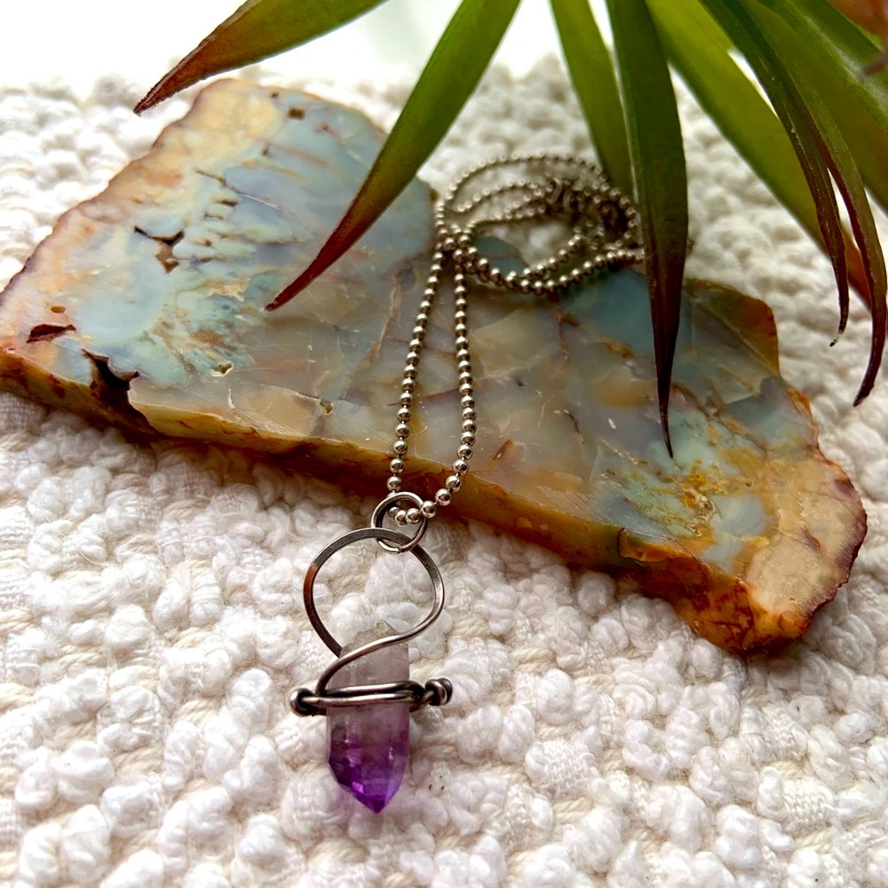 Real Amethyst crystal Necklace silver 16” chain